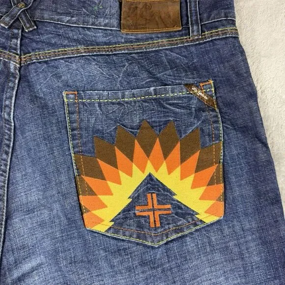 LRG Lifted Research Group Mens 42X32 Denim Blue Jeans Embroidered Cross
